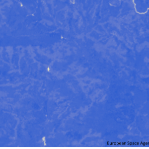 宇和町下川の滝山川上流Sentinel-2画像[撮影：6月13日/カラー：NDVI(赤→青)]
一帯が植生に覆われている